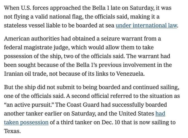U.S. Coast Guard in active pursuit of Bella 1 oil tanker refusing to be boarded