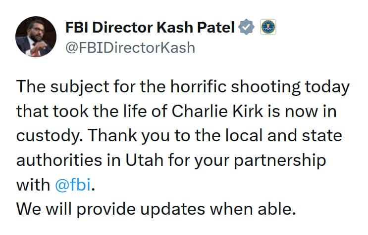 Featured image for: FBI Arrests Suspect in Charlie Kirk Assassination Case FBI Arrests Suspect in Charlie Kirk Assassination Case