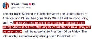 Trump says U.S.-China trade meeting went 'VERY WELL' and deal reached