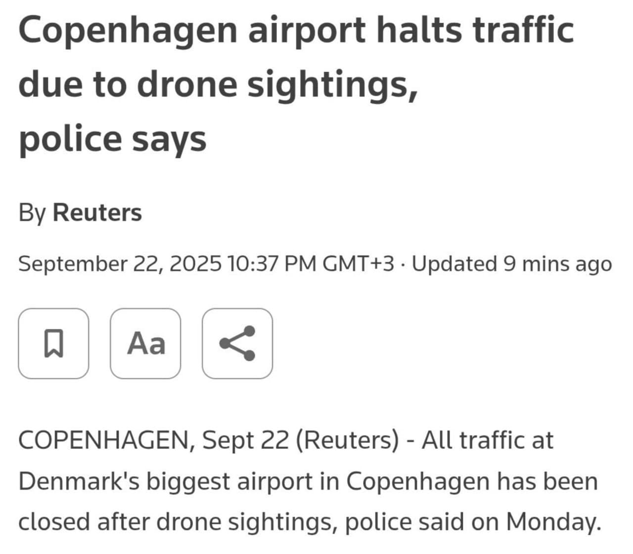 Copenhagen Airport closed due to drone alert; 35 flights rerouted
