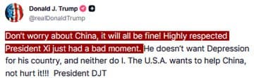Featured image for: Trump says 'Don't worry about China, it will all be fine' Trump says 'Don't worry about China, it will all be fine'