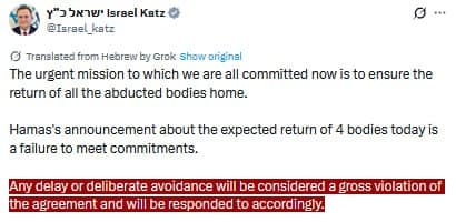 Featured image for: Israel's defense minister Katz responds to Hamas returning 4 of 28 dead hostages Israel's defense minister Katz responds to Hamas returning 4 of 28 dead hostages