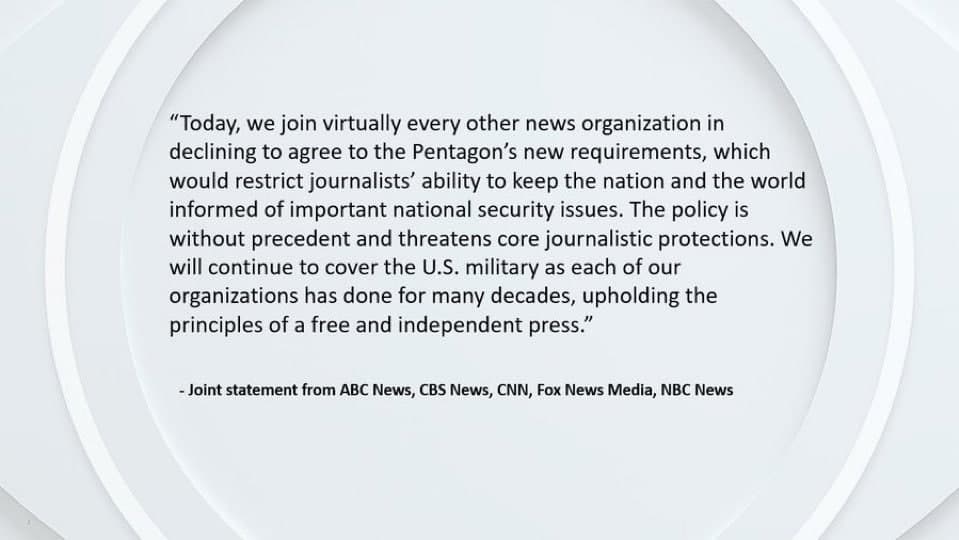 Fox News, CNN, CBS News, and NBC News refuse to sign Pentagon press rules