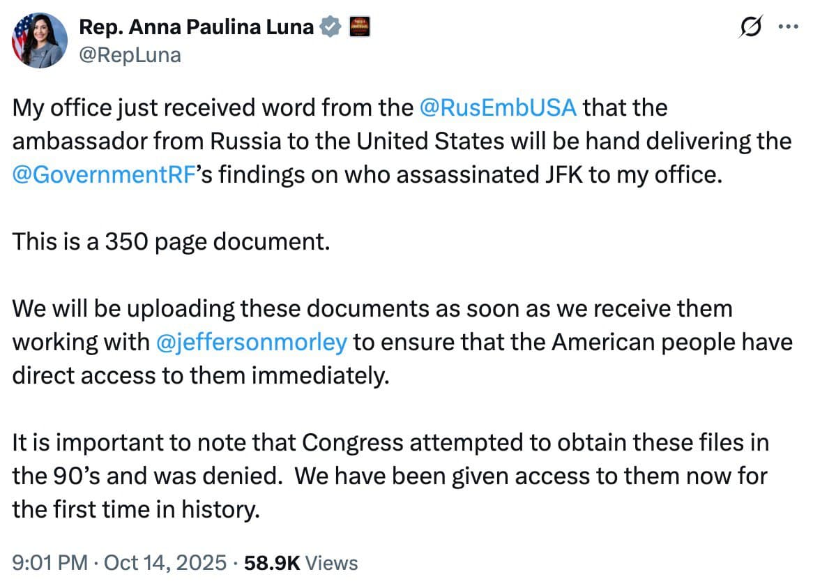 Featured image for: Russia to hand over 350-page document on JFK assassination, says Rep. Luna Russia to hand over 350-page document on JFK assassination, says Rep. Luna