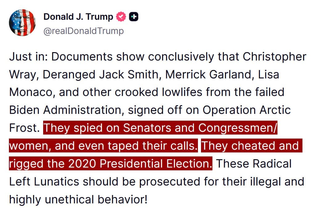 Featured image for: Trump claims evidence of Biden admin spying on Senators and Congressmen Trump claims evidence of Biden admin spying on Senators and Congressmen