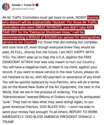 Trump to recommend $10,000 bonus for air traffic controllers who worked