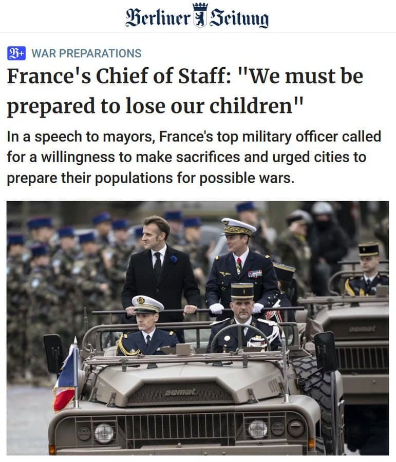 France's top military officer calls for willingness to sacrifice children