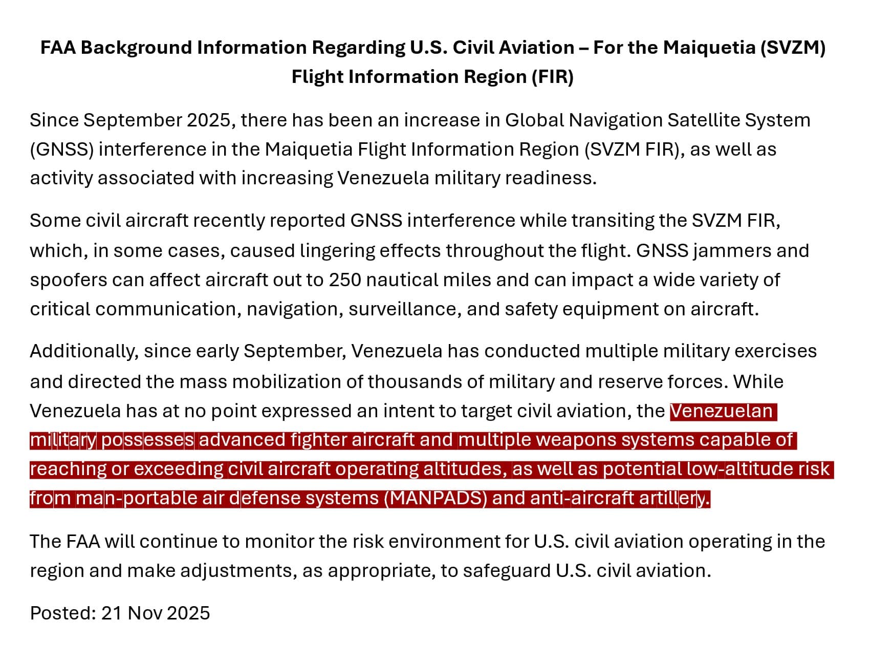 Featured image for: U.S. FAA issues warning to civilian airlines in Venezuelan airspace U.S. FAA issues warning to civilian airlines in Venezuelan airspace