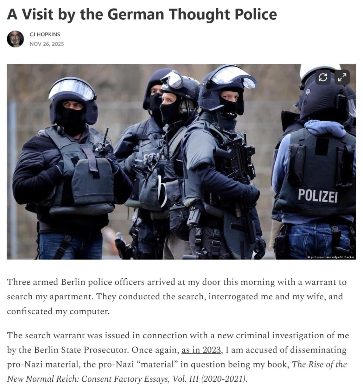 Armed German police raid satirist C. J. Hopkins' apartment in Berlin