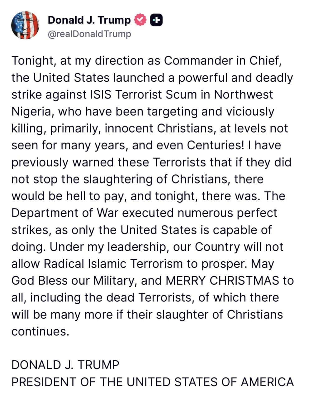 Trump orders military strikes against Islamists in Nigeria for killing Christians