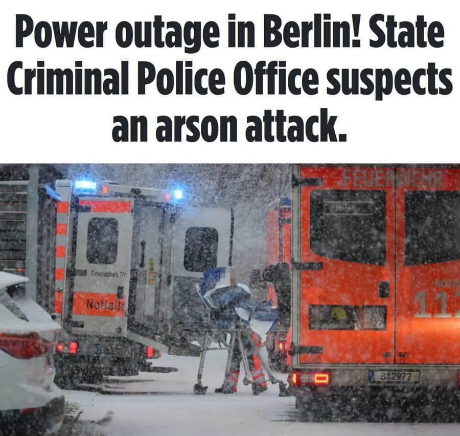 Partial power outage in Berlin after potential arson attack