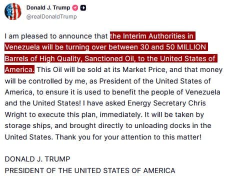 Trump announces Venezuela to sell 30-50 million barrels of oil to U.S.