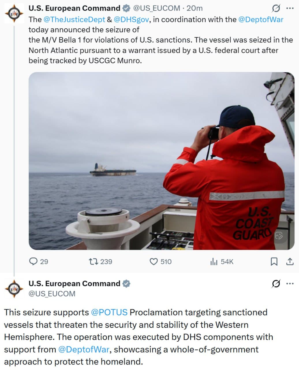 U.S. European Command seizes Russian-flagged tanker in Atlantic