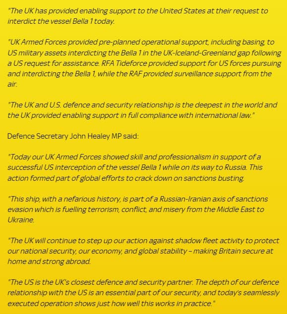 UK's MoD confirms support to U.S. for seizure of Russian tanker Bella 1