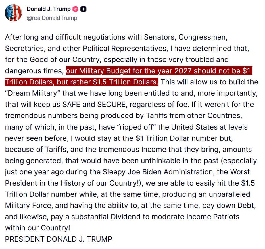 Trump calls for U.S. military budget increase to $1.5 trillion for 2027