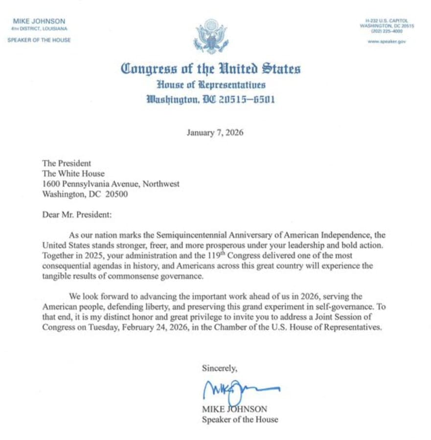 Trump to deliver State of the Union on February 24, 2026