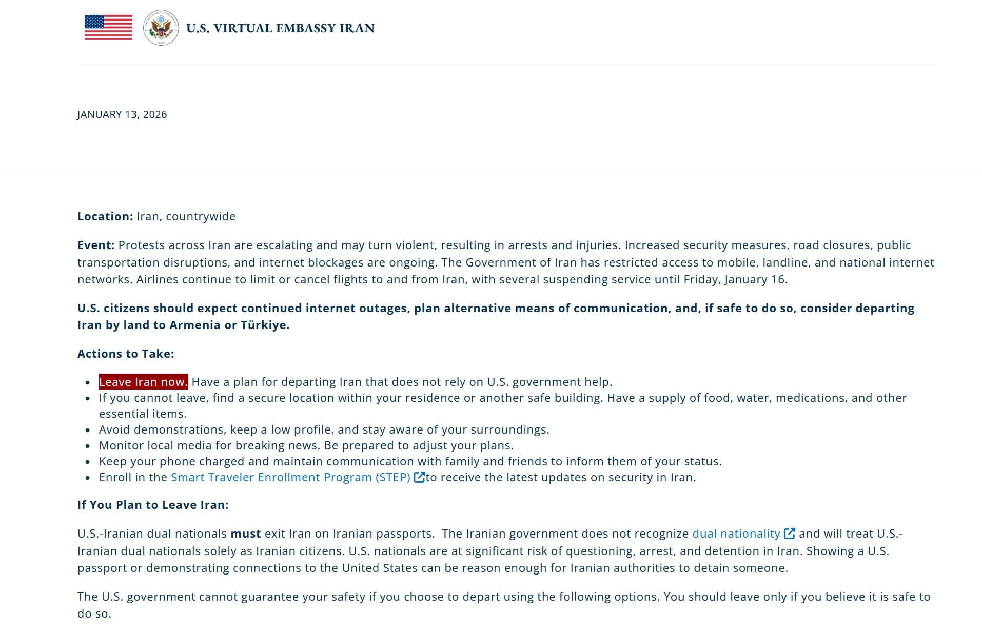 U.S. Virtual Embassy Iran advises: 'Leave Iran now'