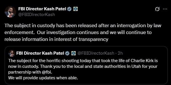 Featured image for: FBI Releases Suspect After Questioning in Charlie Kirk Murder Case FBI Releases Suspect After Questioning in Charlie Kirk Murder Case