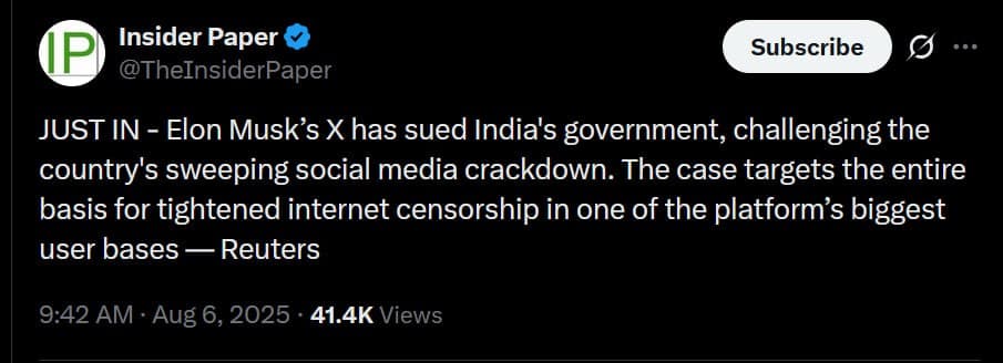 Featured image for: Elon Musk's X Sues India, Challenging Strict Social Media Censorship Laws Elon Musk's X Sues India, Challenging Strict Social Media Censorship Laws