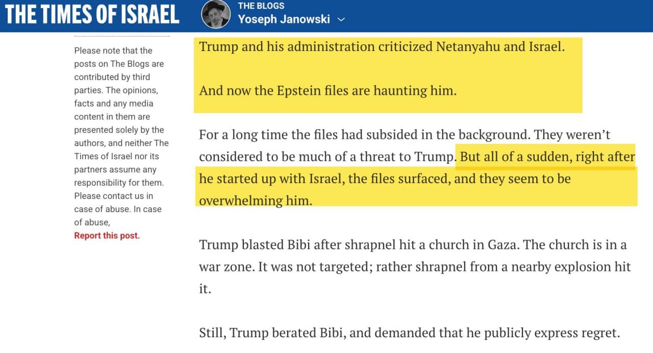 Featured image for: Israeli Blogger Claims Trump's Epstein Ties Leaked as Warning Over Iran Stance Israeli Blogger Claims Trump's Epstein Ties Leaked as Warning Over Iran Stance