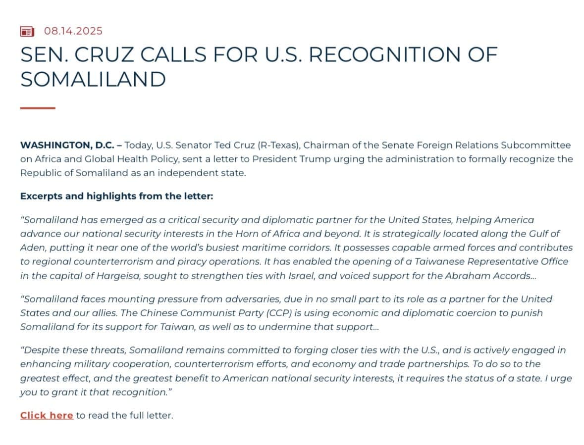 Featured image for: Sen. Cruz Pressures Trump to Recognize Somaliland as Key Ally Against Terrorism Sen. Cruz Pressures Trump to Recognize Somaliland as Key Ally Against Terrorism