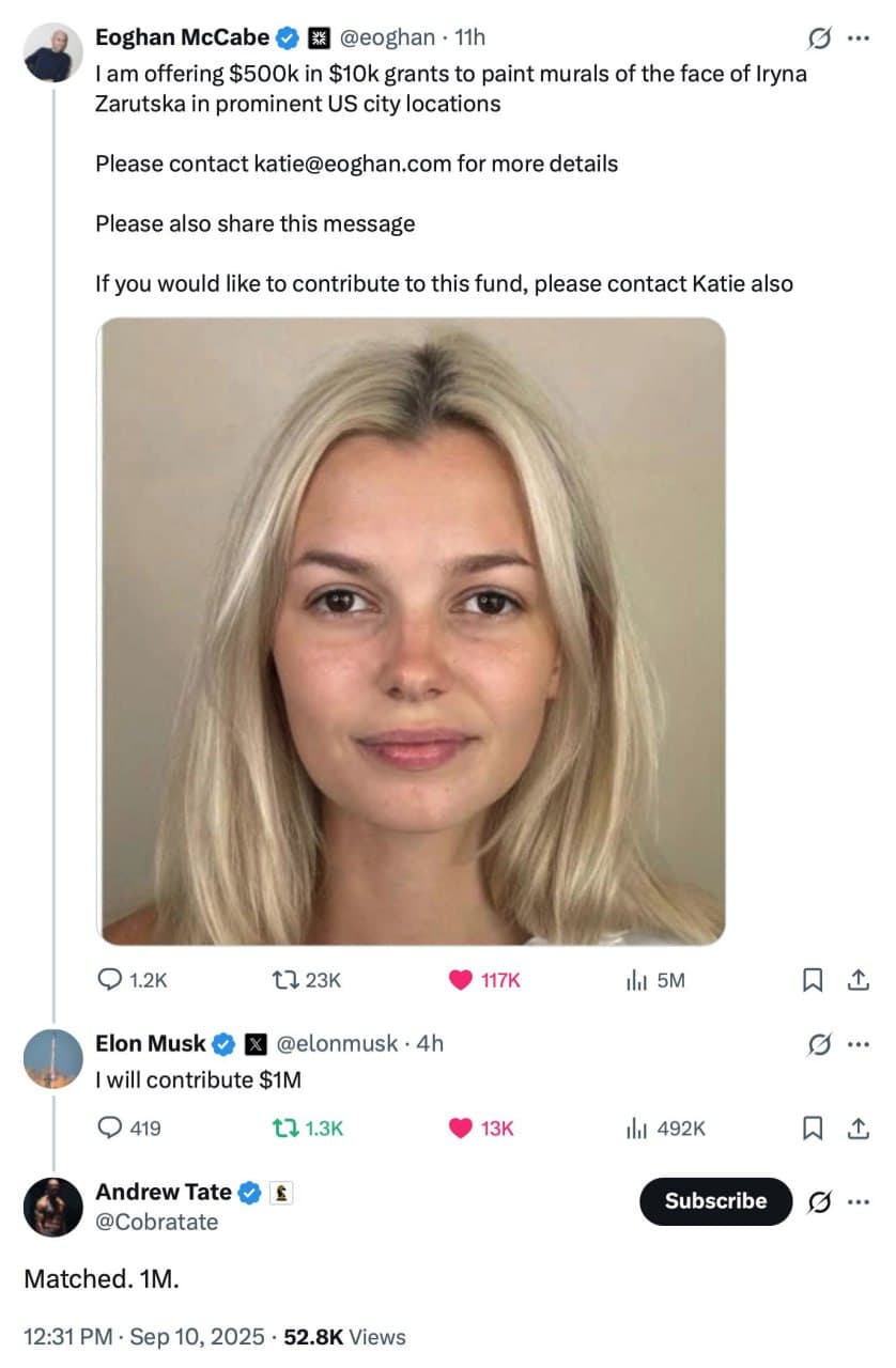 Featured image for: Musk and Tate Pledge $1 Million for Iryna Zarutska Murals Nationwide Musk and Tate Pledge $1 Million for Iryna Zarutska Murals Nationwide