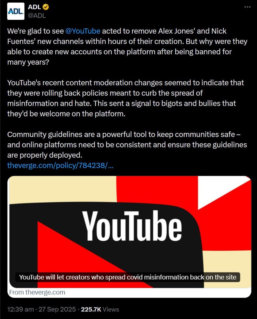 Featured image for: ADL thanks YouTube for terminating Alex Jones and Nick Fuentes' channels ADL thanks YouTube for terminating Alex Jones and Nick Fuentes' channels