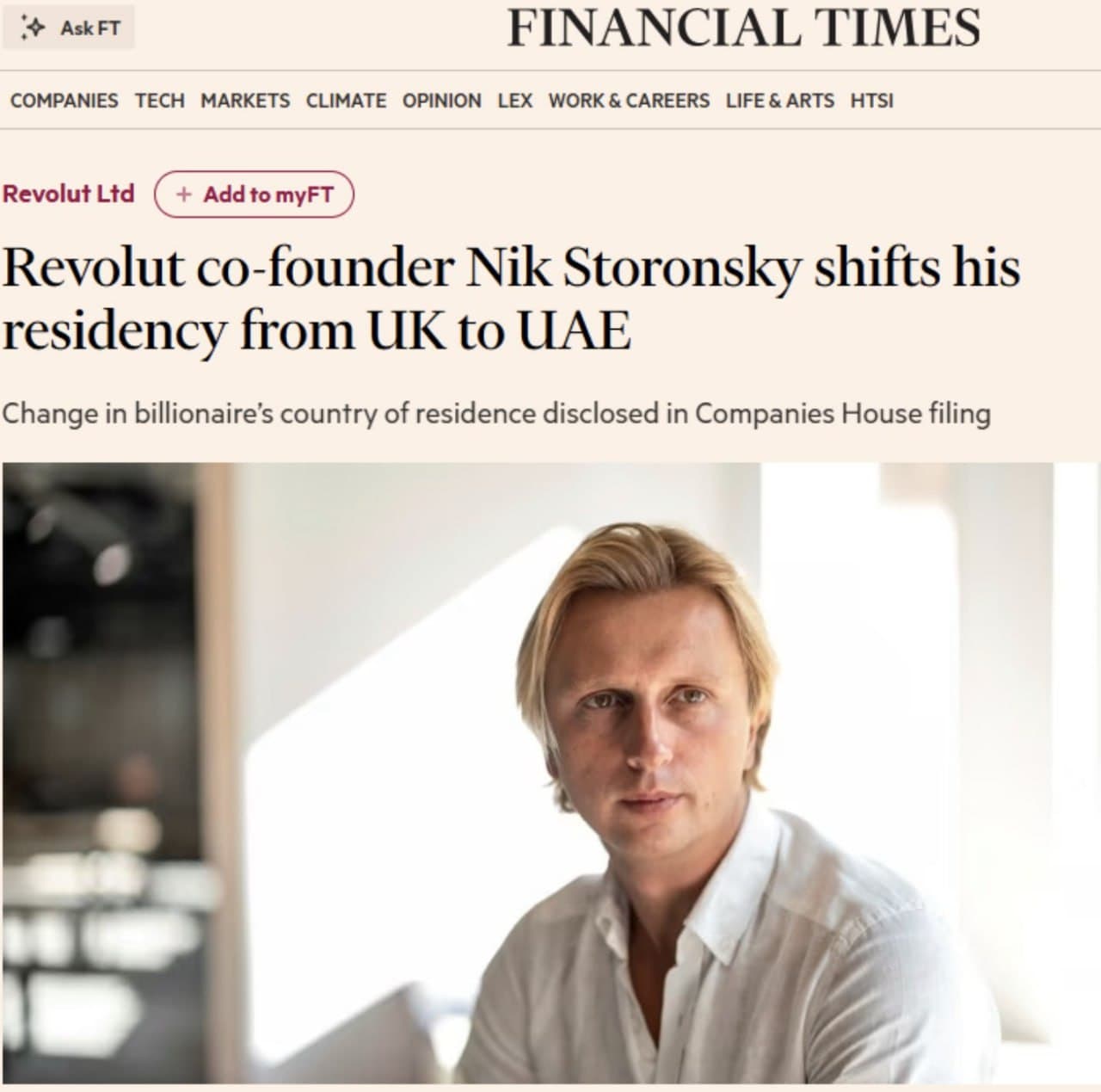 Featured image for: Revolut founder Nikolay Storonsky moves from London to UAE Revolut founder Nikolay Storonsky moves from London to UAE