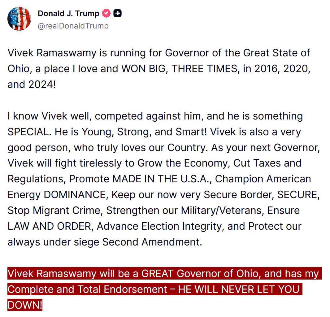 Trump endorses Vivek Ramaswamy for governor of Ohio
