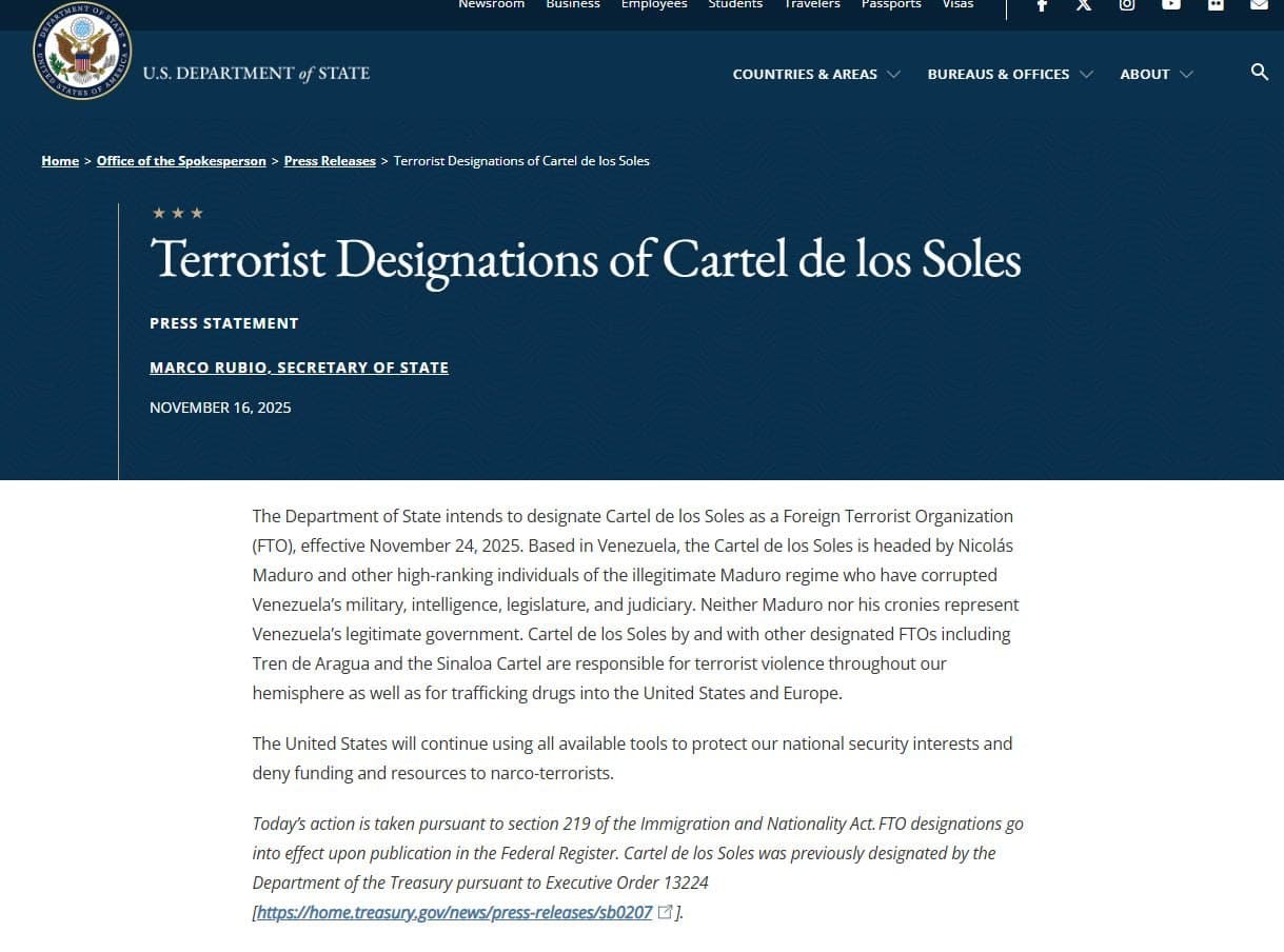 US to designate Cartel de los Soles as FTO on Nov 24