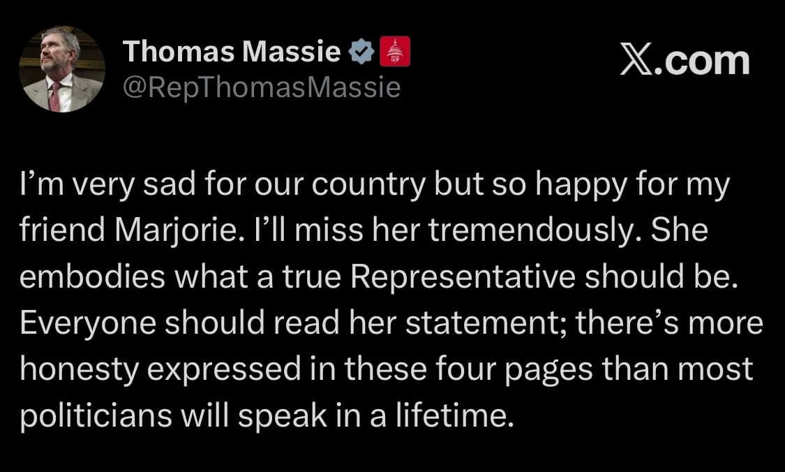 Featured image for: Thomas Massie expresses sadness over Marjorie Taylor Greene's resignation Thomas Massie expresses sadness over Marjorie Taylor Greene's resignation