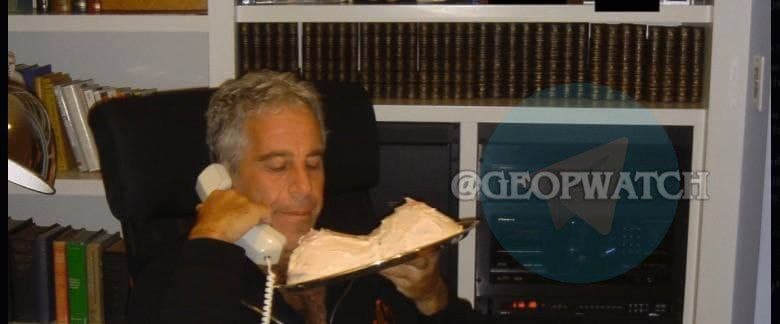 Jeffrey Epstein seen eating a boob cake with the Talmud behind him