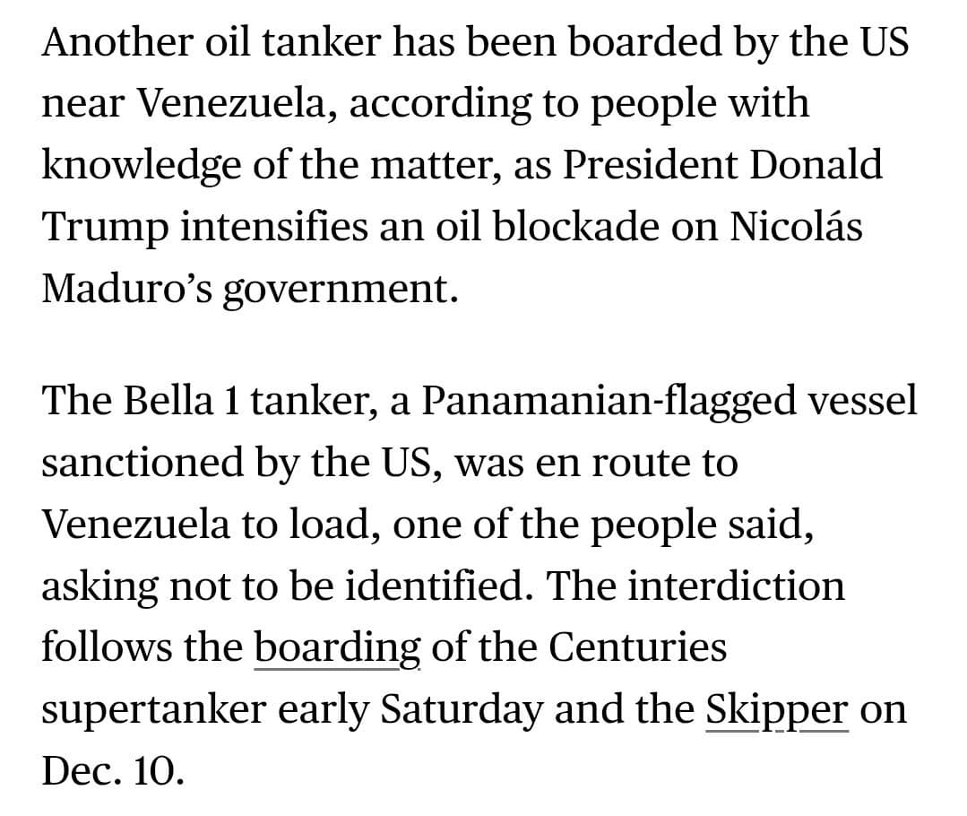 U.S. boards third tanker, Bella 1, near Venezuela