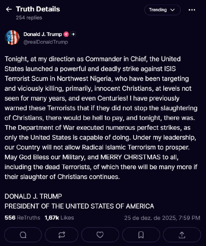 Trump announces US air strikes against ISIS in Northern Nigeria