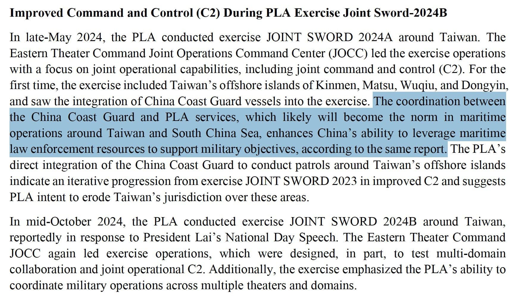 China's 2024 Joint Sword exercises include Taiwan's offshore islands