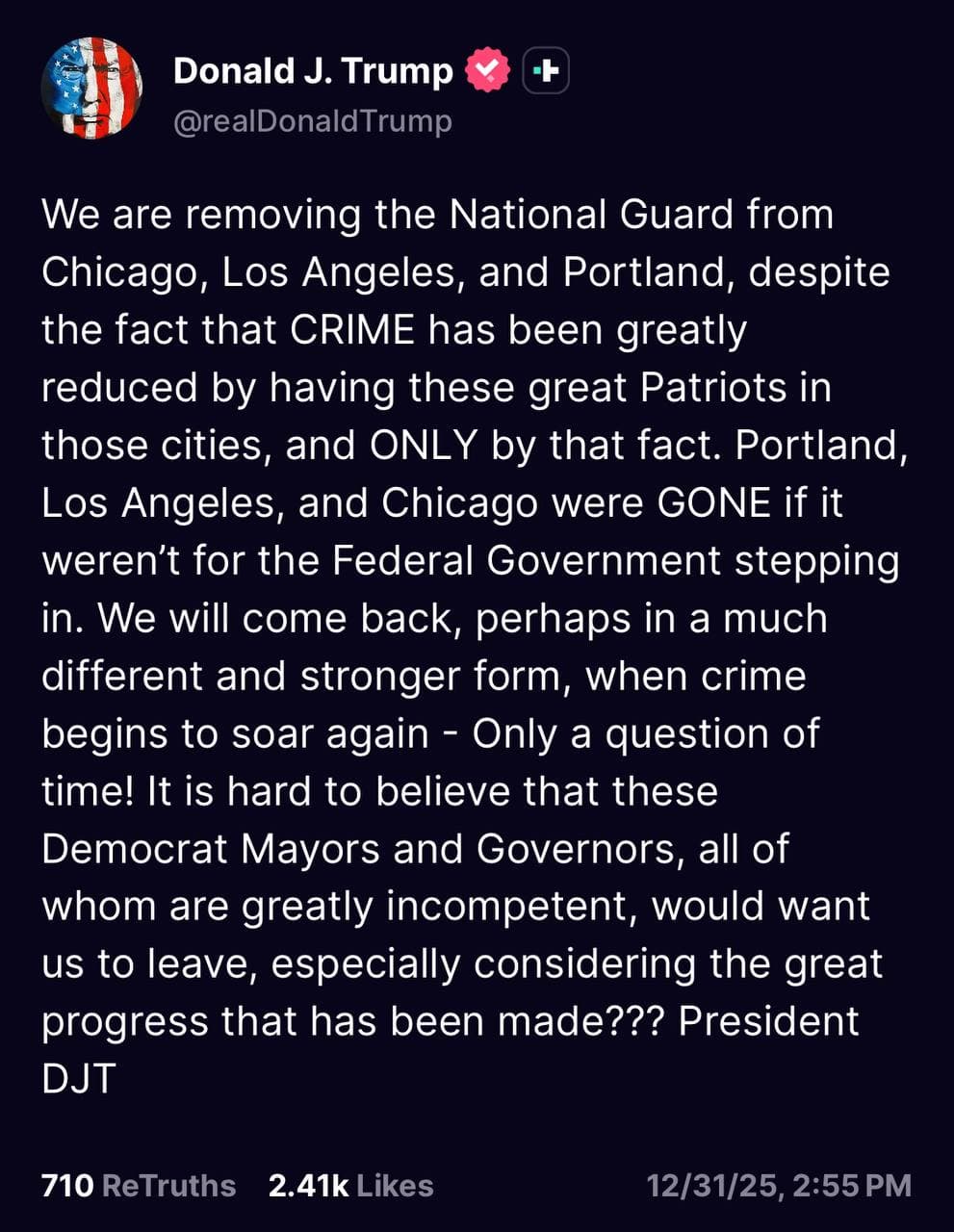 U.S. National Guard withdraws from Chicago, Los Angeles, and Portland