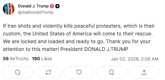 Trump warns of US intervention if Iran continues to kill protesters