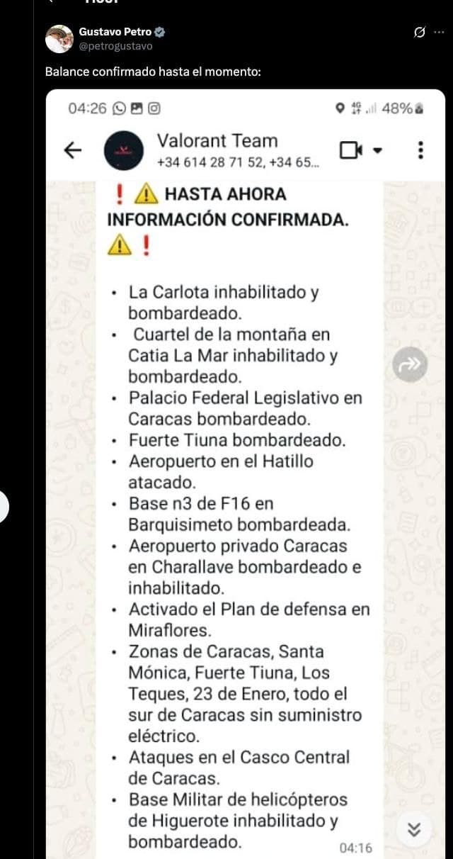 Colombian President Gustavo Petro lists US-attacked targets in Venezuela