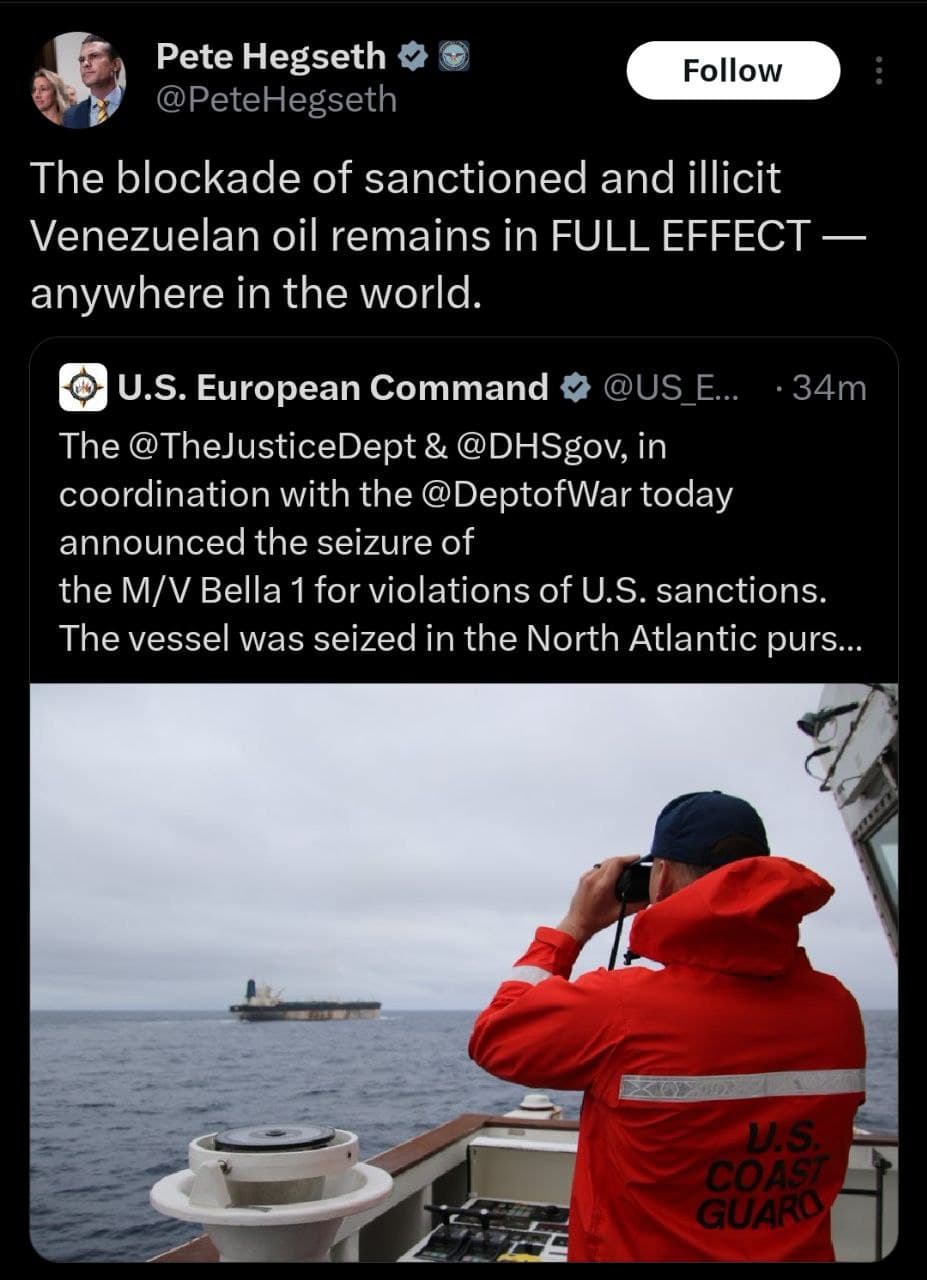 U.S. seizes Russian vessel Bella 1 for violating sanctions against Venezuela