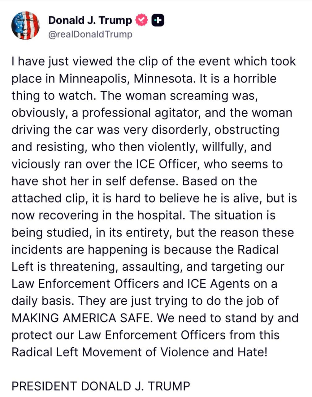 President Trump defends ICE agent, blames woman for her death