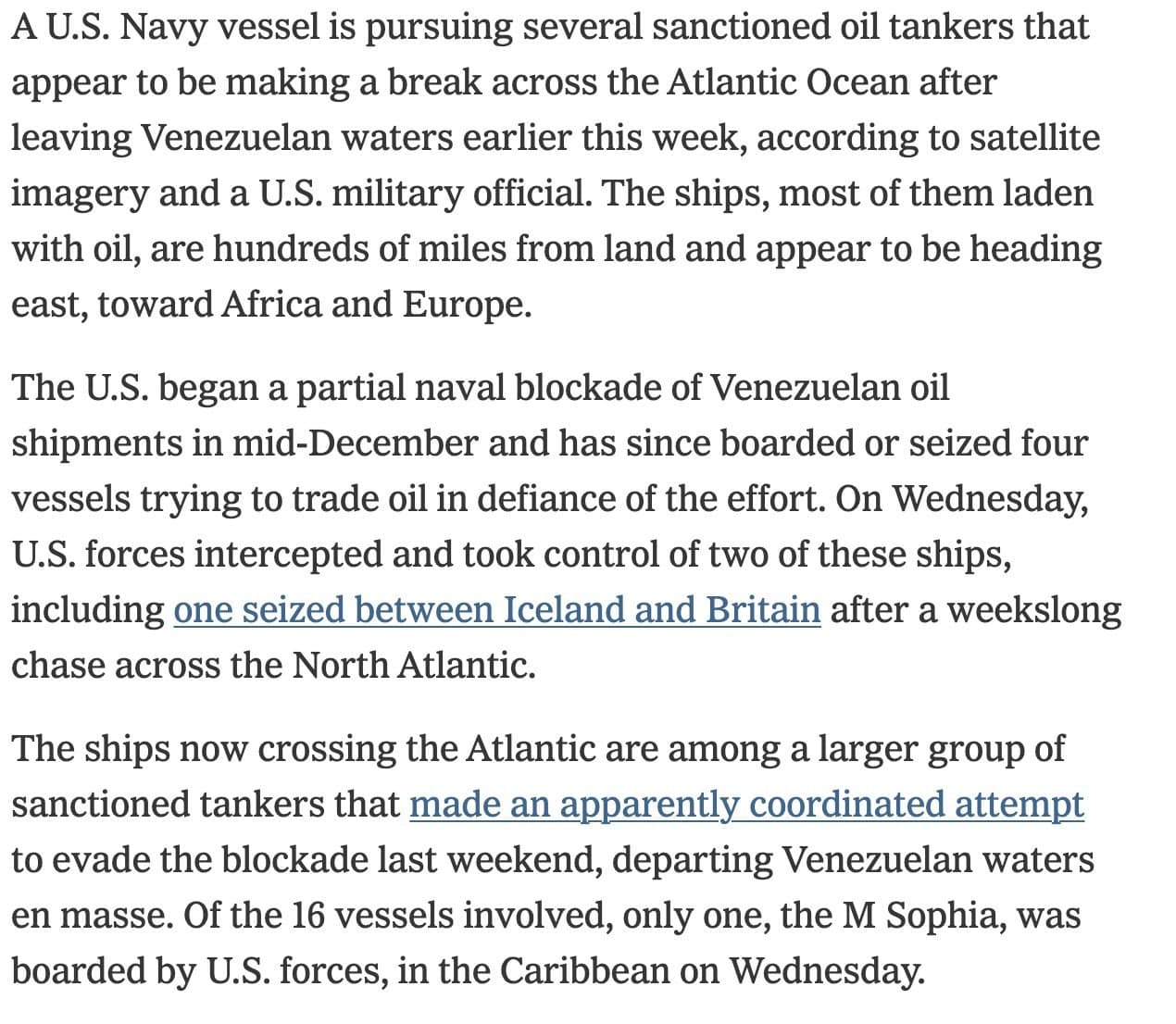 U.S. Navy vessel pursues sanctioned oil tankers leaving Venezuela