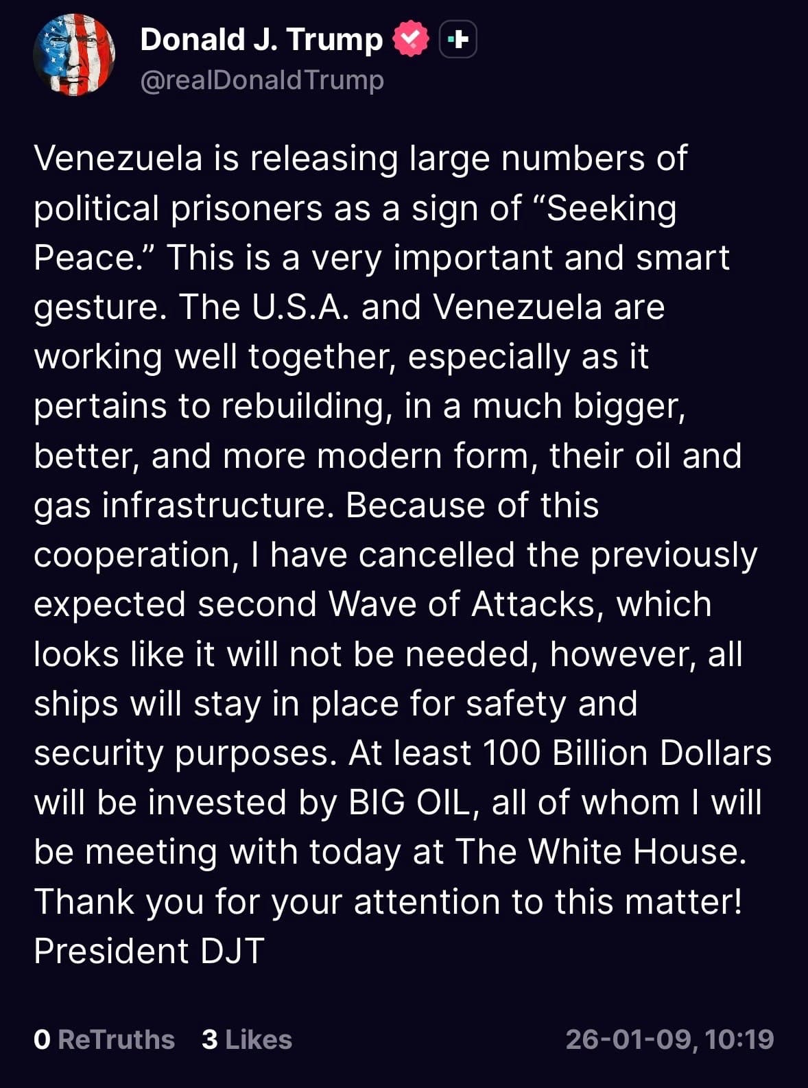Trump cancels future attacks on Venezuela after release of political prisoners