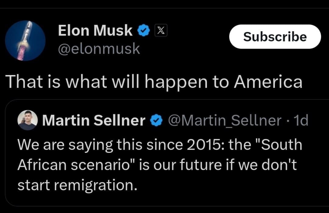 Elon Musk warns of 'South African scenario' for America if no remigration