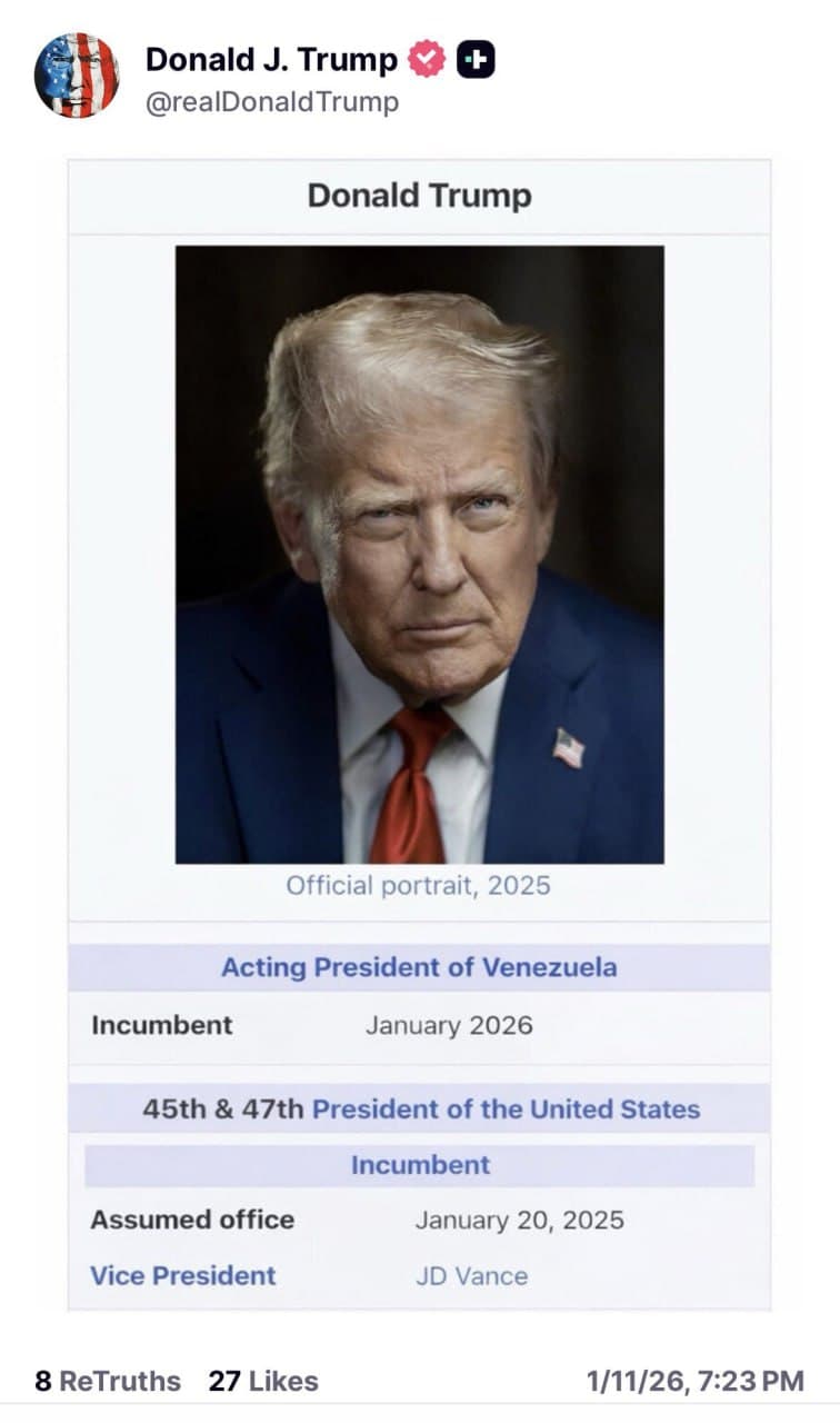 President Trump posts edited Wikipedia profile as 'Acting President of Venezuela'