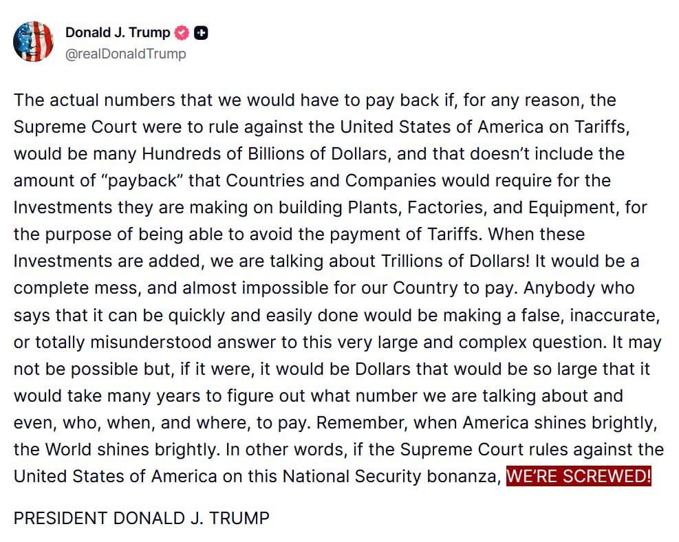 Trump warns 'WE'RE SCREWED' if Supreme Court rules against his tariffs