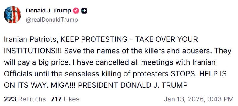 Trump cancels meetings with Iranian officials over protester killings
