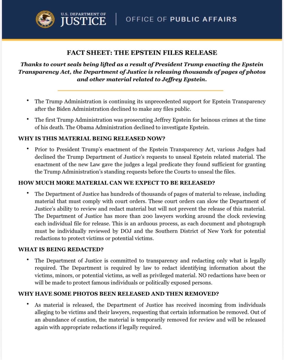 U.S. Department of Justice releases fact sheet on Epstein files