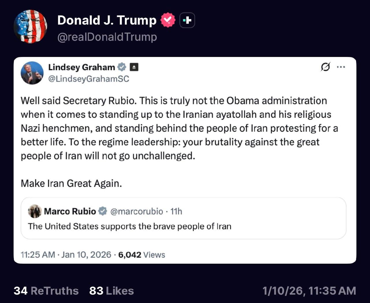 Trump reposts Lindsey Graham's message on Iran's potential overthrow