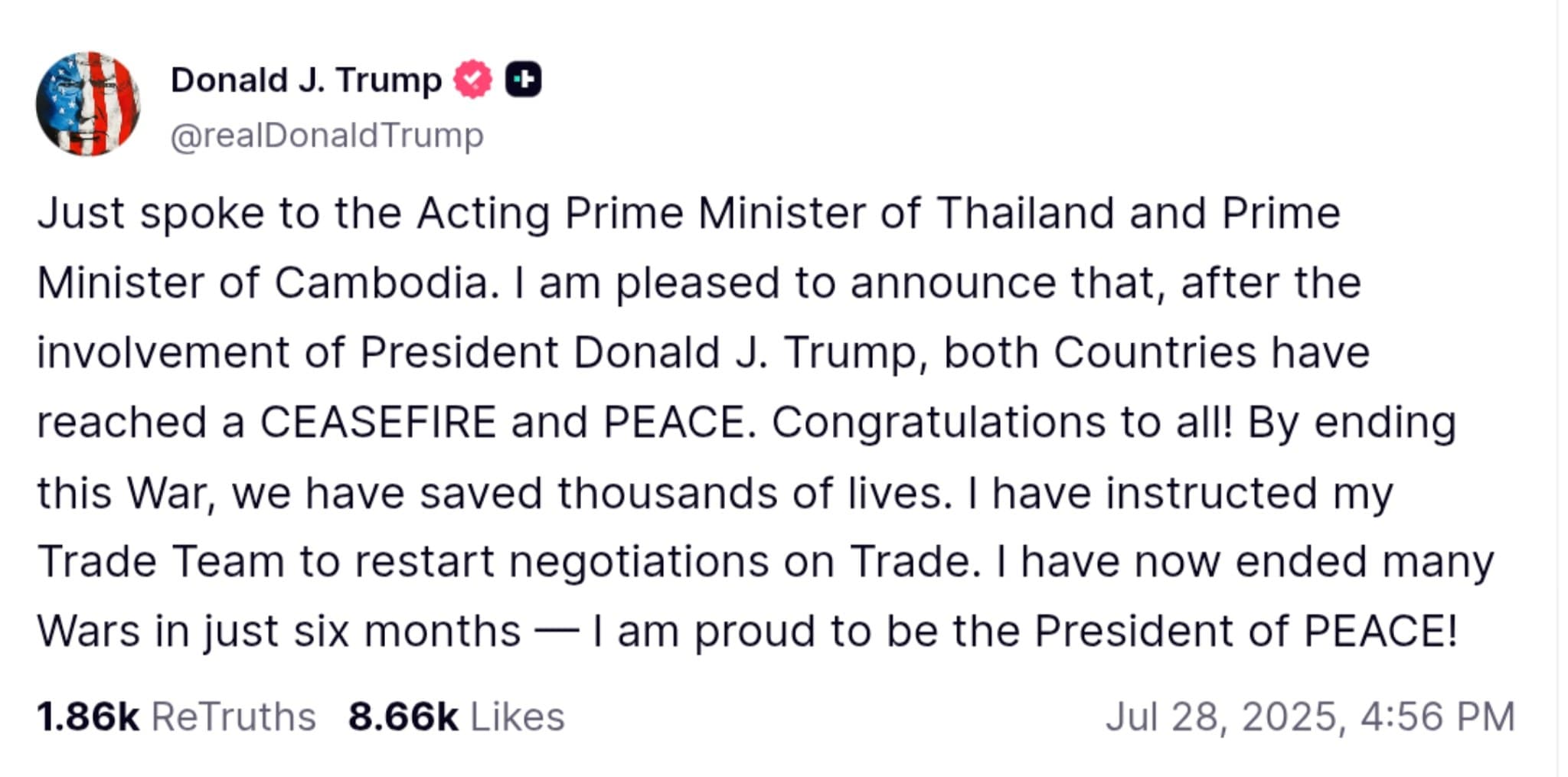 Featured image for: Trump Claims Credit for Cambodia-Thailand Ceasefire, Declares Himself 'President of PEACE' Trump Claims Credit for Cambodia-Thailand Ceasefire, Declares Himself 'President of PEACE'