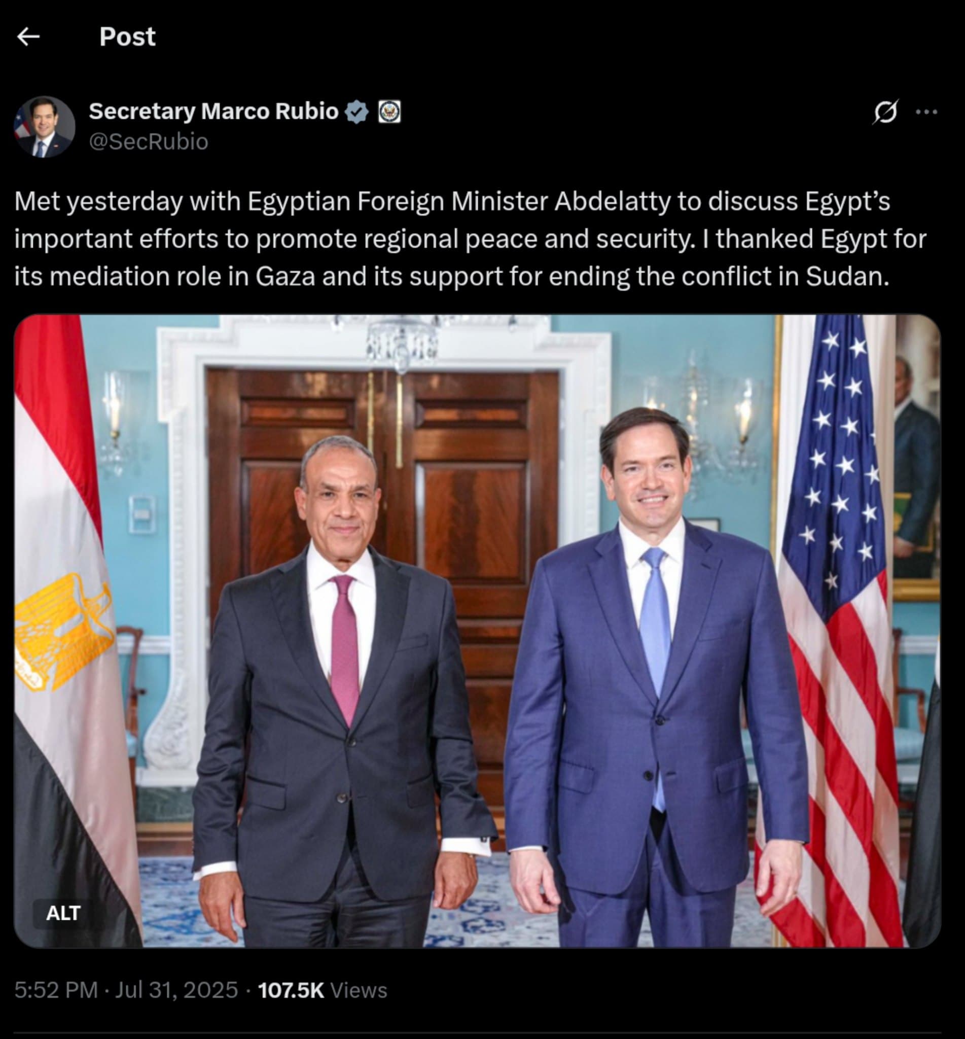 US Secretary Rubio Commends Egypt's Vital Role in Gaza Mediation and Sudan Peace Efforts